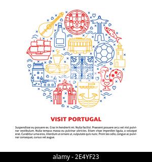 Découvrez le concept Portugal Round avec des icônes en style ligne. Symboles traditionnels avec culture nationale, cuisine et attractions. Bannière ou affiche de voyage Illustration de Vecteur