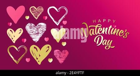 Bonne Saint Valentin lettrage doré avec coeur de croquis de doodle sur fond. Carte de vœux de Saint-Valentin avec coeurs en gribouillage rose, or et blanc Illustration de Vecteur
