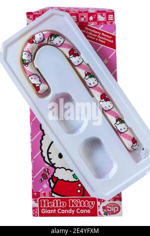 Candy Cane Giant Hello Kitty saveur de fraise retirée de la boîte sur fond blanc Banque D'Images