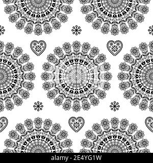 Sans couture scandinave monochrome folk art vecteur mandala avec fleurs, décoration à répétition florale, design nordique Illustration de Vecteur