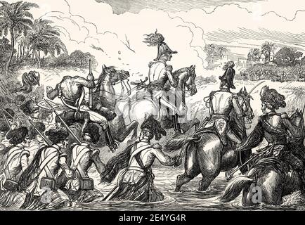 Duc de Wellington traversant la rivière Kaitna, bataille d'Assaye, 23 septembre 1803, deuxième guerre Anglo-Maratha, des batailles britanniques sur terre et mer de James Grant Banque D'Images