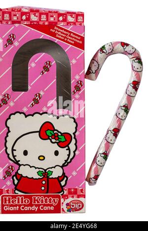 Candy Cane Giant Hello Kitty saveur de fraise retirée de la boîte sur fond blanc Banque D'Images