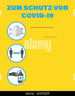 ZUM SCHUTZ VOR COVID-19, allemand pour les précautions COVID-19, signer en allemand et en anglais avec le port du masque, la distance et les icônes de désinfectant pour les mains Illustration de Vecteur