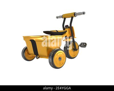 Tricycle pour enfant en couleur jaune rendu 3D isolé sur blanc arrière-plan sans ombre Banque D'Images