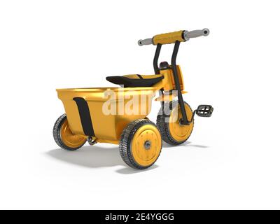 Tricycle pour enfant en couleur jaune rendu 3D isolé sur blanc arrière-plan avec ombre Banque D'Images