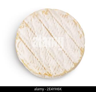 Fromage Camembert isolé sur fond blanc avec passe-cheveux et pleine profondeur de champ. Vue de dessus. Pose à plat Banque D'Images