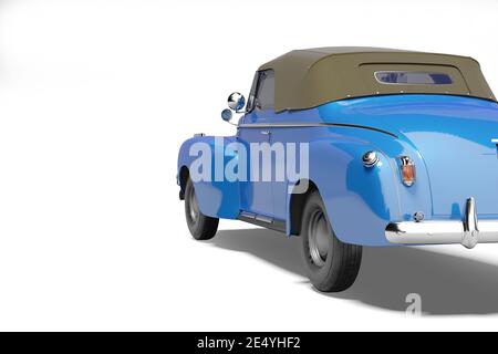 voiture bleue à rendu 3d avec toit avec vue arrière en cuir sur fond blanc avec ombre Banque D'Images