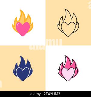 Icône coeur sur feu en style plat et ligne. Symbole de la collection passion. Illustration vectorielle. Illustration de Vecteur