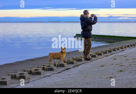 Un homme prend une photo au bord de la mer du Nord. Son chien regarde dans une autre direction. Tout le monde peut profiter de la mer à sa façon. Banque D'Images