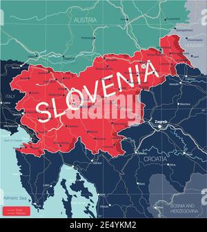 Slovénie carte détaillée modifiable avec régions villes, routes et chemins de fer, sites géographiques. Fichier vectoriel EPS-10 Illustration de Vecteur