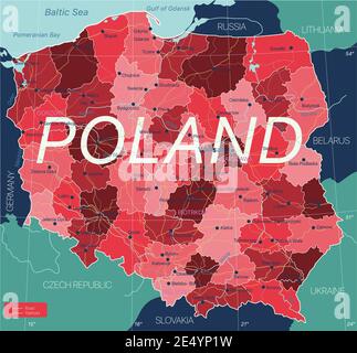 Pologne carte détaillée modifiable avec régions villes, routes et chemins de fer, sites géographiques. Fichier vectoriel EPS-10 Illustration de Vecteur