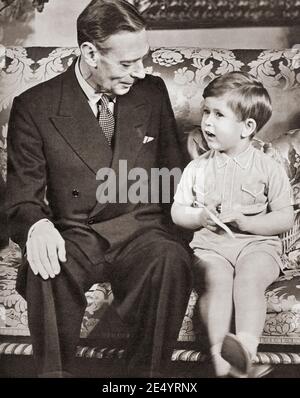 ÉDITORIAL SEULEMENT George VI vu ici avec son petit-fils le prince Charles, à l'occasion du troisième anniversaire du prince, 1951. George VI, Albert Frederick Arthur George, 1895–1952. Roi du Royaume-Uni et des dominions du Commonwealth britannique. Charles, Prince de Galles (Charles Philip Arthur George) 1948. Héritier apparent du trône britannique en tant que fils aîné de la reine Elizabeth II Du livre de la Reine Elizabeth Coronation, publié en 1953. Banque D'Images