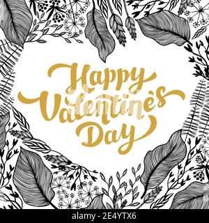 Carte de Saint-Valentin. Cadre en lettres dorées et fleurs en forme de coeur. Illustration de Vecteur