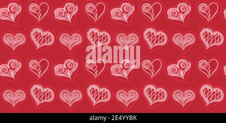 Motif coeurs sans coutures. Fond rouge festif avec des coeurs blancs en aquarelle dessinés à la main.fond rouge coeur Doodle. Banque D'Images