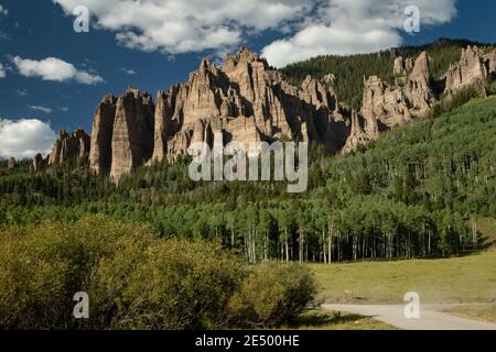 Des pinnacles fracturées et érodées qui s'étendent vers High Mesa le long de la vallée de la rivière Cimarron, près du réservoir Silver Jack, dans l'ouest du Colorado. Banque D'Images