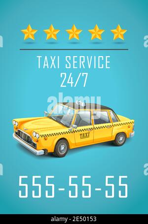 Conception du service de taxi. Illustration détaillée d'une voiture de taxi jaune sur fond bleu. Bannière, affiche de carte de visite ou prospectus. Illustration de Vecteur