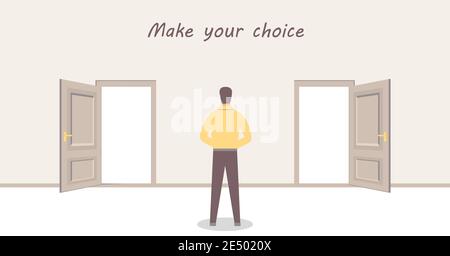 Un homme est debout devant deux portes et a le choix. Inscription : faites votre choix. Illustrations vectorielles Banque D'Images