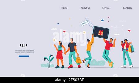 Modèle d'interface de site Web de vente avec des personnages heureux acheteurs, illustration vectorielle plate. Page Web publicitaire pour les événements de vente et le bal de certificat-cadeau Illustration de Vecteur