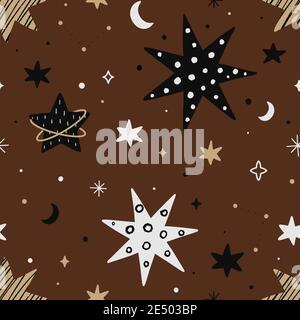 Motif sans couture avec différentes étoiles isolées sur fond marron. Illustration vectorielle de style scandinave dessinée à la main. Illustration de Vecteur
