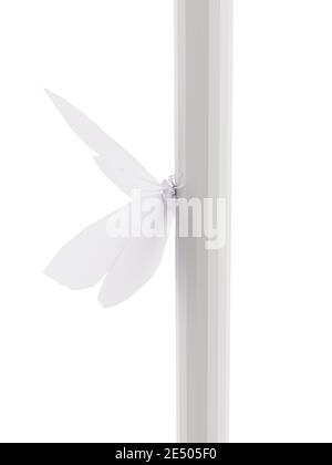 Papillon en polyéthylène blanc bas assis sur une tige, papillon en origami, illustration 3d Banque D'Images
