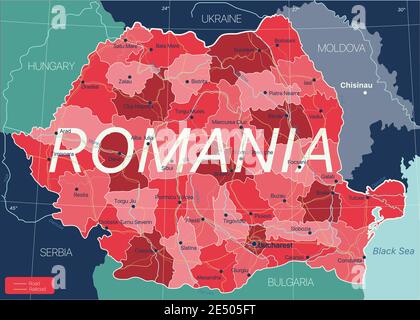 Roumanie carte détaillée modifiable avec régions villes, routes et chemins de fer, sites géographiques. Fichier vectoriel EPS-10 Illustration de Vecteur