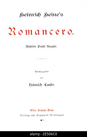 Page de titre de Hine Romancero, écrivain et poète allemand Heinrich Heine, collection de poèmes Romancero, 1880 Banque D'Images