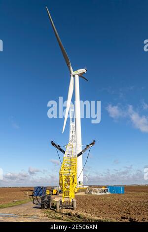 Beauce, France. 25 janvier 2021. Opération d'entretien sur une éolienne le 25 janvier 2021. Banque D'Images