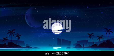 Paysage tropical avec baie de mer la nuit. Illustration vectorielle de paysages marins avec plage de sable, silhouettes de palmiers et de montagnes à l'horizon, lune et étoiles dans le ciel Illustration de Vecteur
