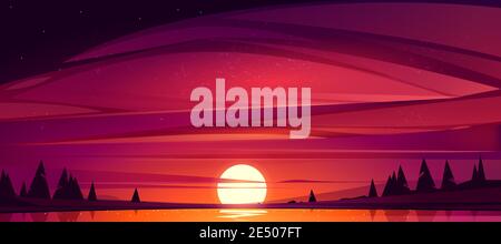 Coucher de soleil sur le lac, ciel rouge avec le soleil descendant l'étang entouré d'arbres. Belle nature paysage paysage paysage, vue du ciel le soir avec sol brillant au-dessus de l'eau. Illustration vectorielle de dessin animé Illustration de Vecteur