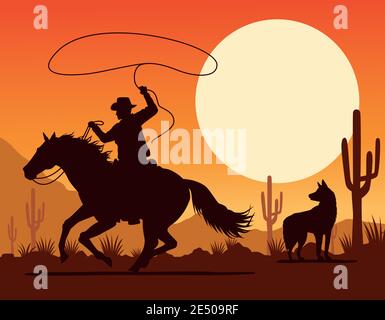 cowboy figure dans le cheval de lassoing et chien dans le paysage du désert illustration vectorielle Illustration de Vecteur