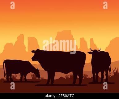 vaches animasl fermes silhouettes dans le paysage vecteur illustration design Illustration de Vecteur