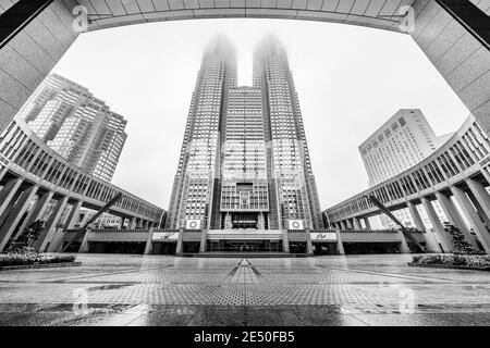 Photo symétrique noir et blanc du centre-ville de Tokyo par une journée faragueuse, avec deux gratte-ciel au centre Banque D'Images