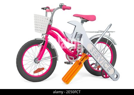 Service et réparation de vélo pour enfants, rendu 3D isolé sur fond blanc Banque D'Images