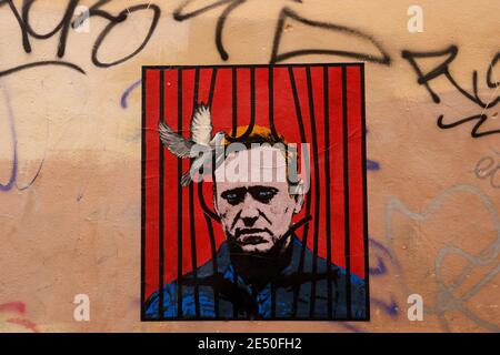 Rome, Italie. 25 janvier 2021. Une affiche Graffiti de l'artiste de rue Harry Greb représentant le chef de l'opposition russe Alexei Navalny est apparue dans le centre-ville de Rome. Credit: Vincenzo Livieri/ZUMA Wire/Alamy Live News Banque D'Images