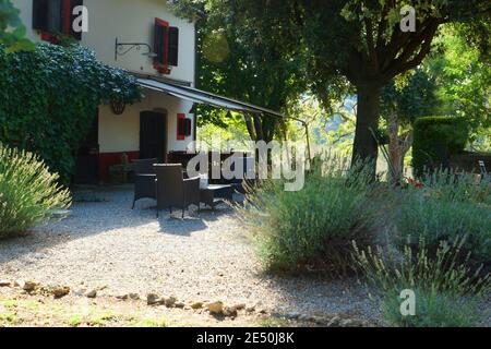 Joli paysage d'été en Toscane. Jardin près de la maison. Territoire de la maison. Hotel Borgova à Castiglion Fiorentino, Italie, Toscane, Grosseto, Manciano Banque D'Images