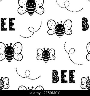 Motif monochrome sans couture avec abeilles noires et lettrage isolé sur fond blanc. Illustration vectorielle de style scandinave dessinée à la main. Illustration de Vecteur