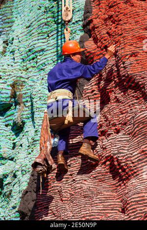 Workman accroché à des cordes, la restauration de peinture de la murale de la Préhistoria, le mur préhistorique, par Leovigildo Gonzalez, vallée de Vinales, Pinar del Rio, C Banque D'Images