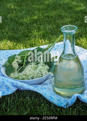 Sirop de fleur maison sur nappe blanche avec petites fleurs bleues, Banque D'Images