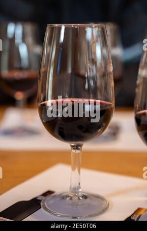 Dégustation professionnelle de différents desserts fortifiés rubis, vins de port tawny en verres dans les caves à vin de Porto, Portugal, gros plan Banque D'Images