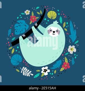 Sloth dans diverses feuilles et fleurs tropicales. Illustration de Vecteur