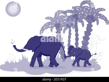 Éléphant et bébé éléphant tiennent sur la queue. Illustration de Vecteur