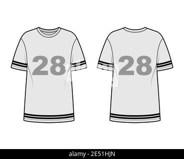 T-shirt de football américain technique de mode illustration avec manches courtes raglan, longueur tunique, col rond, grand. Modèle de haut de vêtement plat avant, arrière, gris. Femmes hommes unisexe CAD maquette Illustration de Vecteur