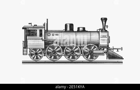 Ancienne locomotive ou train sur chemin de fer. Transport rétro. Vintage gravé, dessin dessiné à la main pour t-shirt. Illustration de Vecteur