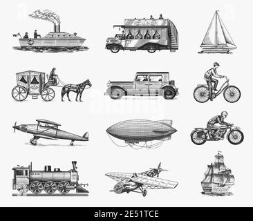 Sous-marin, bateau et voiture, moto, chariot à cheval. Navire ou dirigeable, ballon d'air, avions cornB, locomotive. Gravé à la main dans l'ancien Illustration de Vecteur