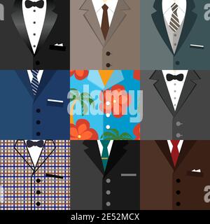 Business icons set de décoration moderne classique de hipster dude costumes smoking a des liens avec des arcs et une chemise Aloha vector illustration Illustration de Vecteur