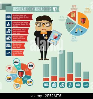 Homme d'affaires hippster garçon compagnie d'assurance agent infographie présentation éléments de conception avec icônes graphiques et graphiques illustration vectorielle Illustration de Vecteur