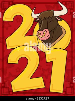 Golden date 2021 et Happy ox tête sur fond floral, annonçant le nouvel an chinois de l'Ox. Illustration de Vecteur