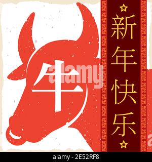 Design rétro avec silhouette et étiquette de boeuf, faisant la promotion du nouvel an chinois de l'Ox (écrit en calligraphie chinoise). Illustration de Vecteur