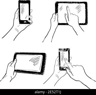 Les gestes de la main holding smartphone écran tactile Tablet jeu de croquis illustration vectorielles Illustration de Vecteur