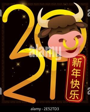 Des lueurs étincelantes autour de l'or 2021, tête de boeuf souriante, et le signe rouge suspendu célébrant un nouvel an chinois heureux (écrit en calligraphie chinoise). Illustration de Vecteur